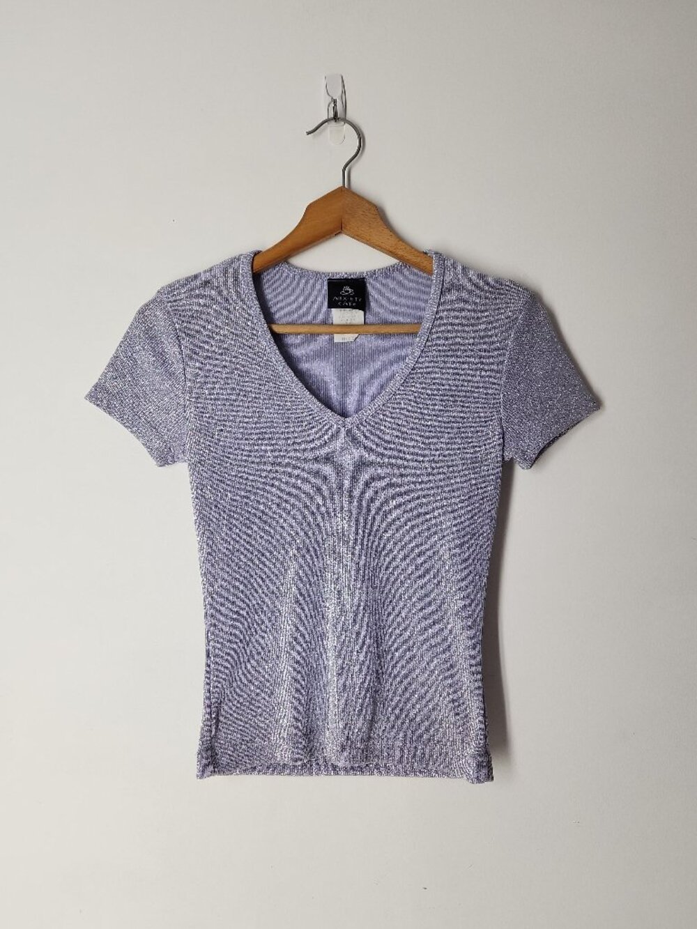 Vintage Y2K Anxiety Cafe lavender purple metallic shimmer stretch knit top M